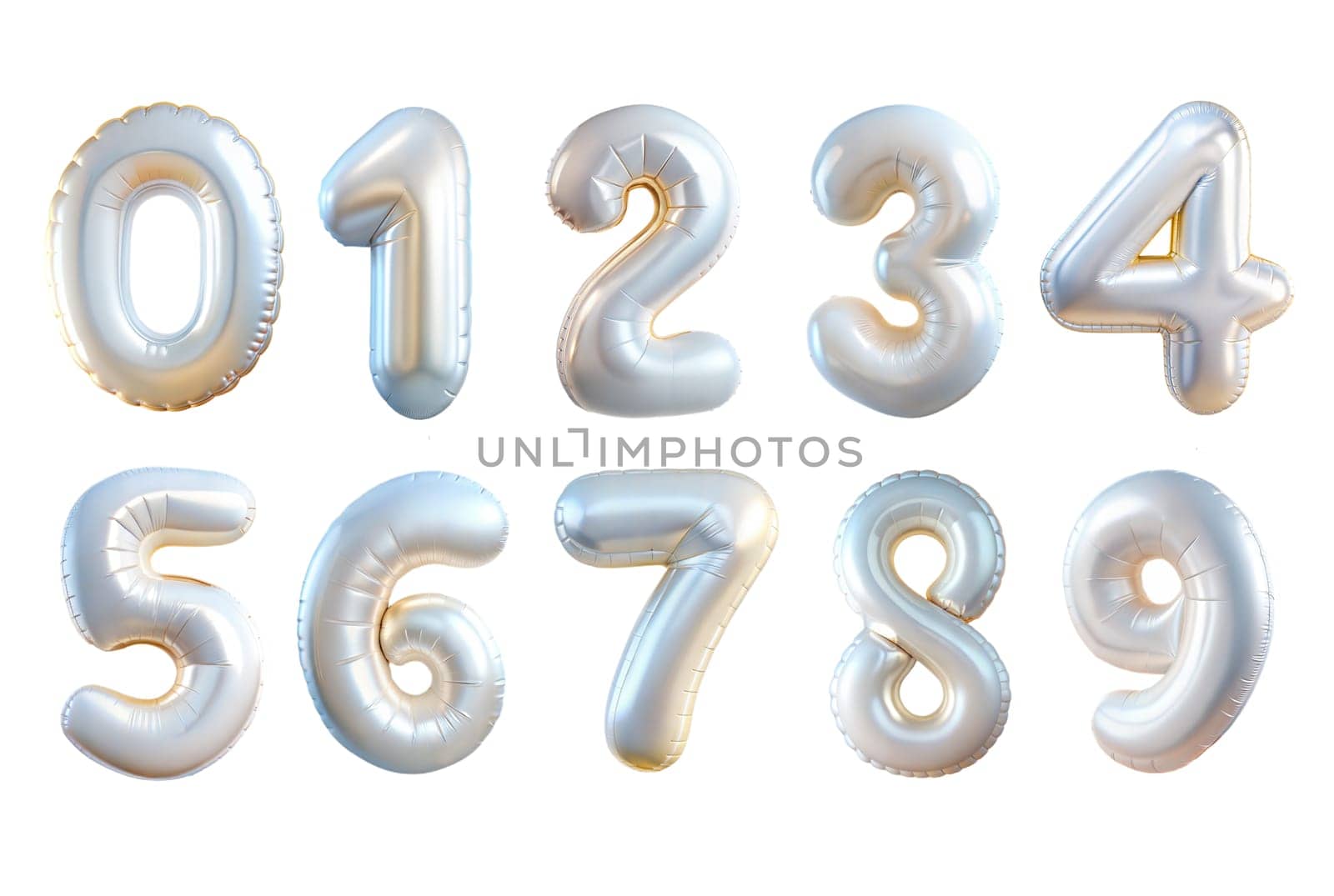 Silver Foil Balloons Numbers Isolated on white background. Ai generated image