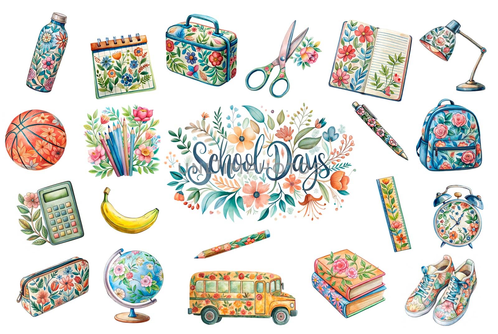 School supplies and accessories with floral pattern isolated on white background. Back to school illustration set. Education concept. ai generated image