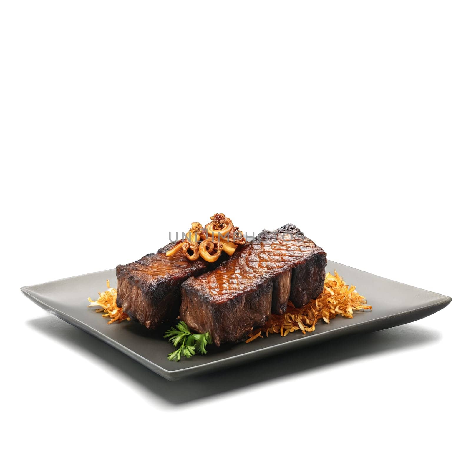 Grilled bison short ribs char marks smoky barbecue sauce crispy onions parsley garnish Culinary and. Food isolated on transparent background