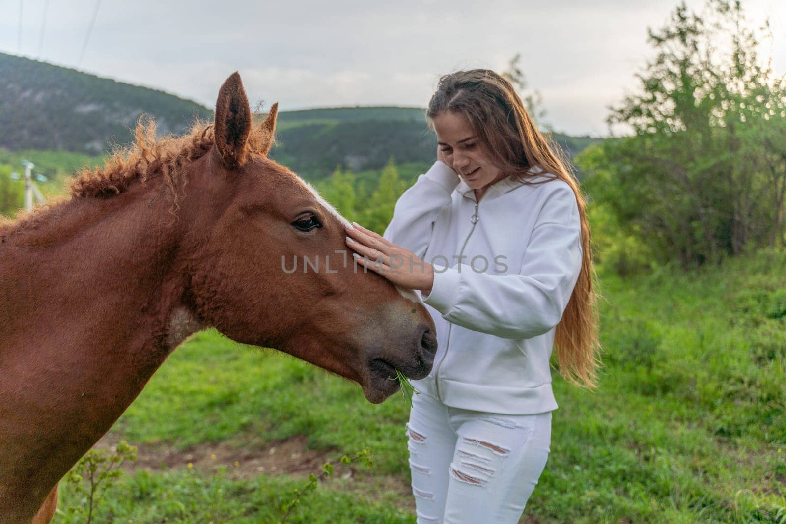 A woman is petting a brown horse in a field. Scene is peaceful and calming