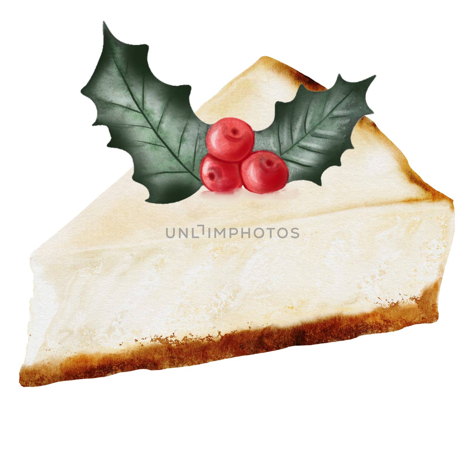 Cheesecake drawing. Watercolor illustration of New York cheesecake with red berries on isolated white background. A piece of cottage cheese pie decorated with berries. Ideal for coffee shop, pastry shop menu and logo. Christmas Cake Clip Art