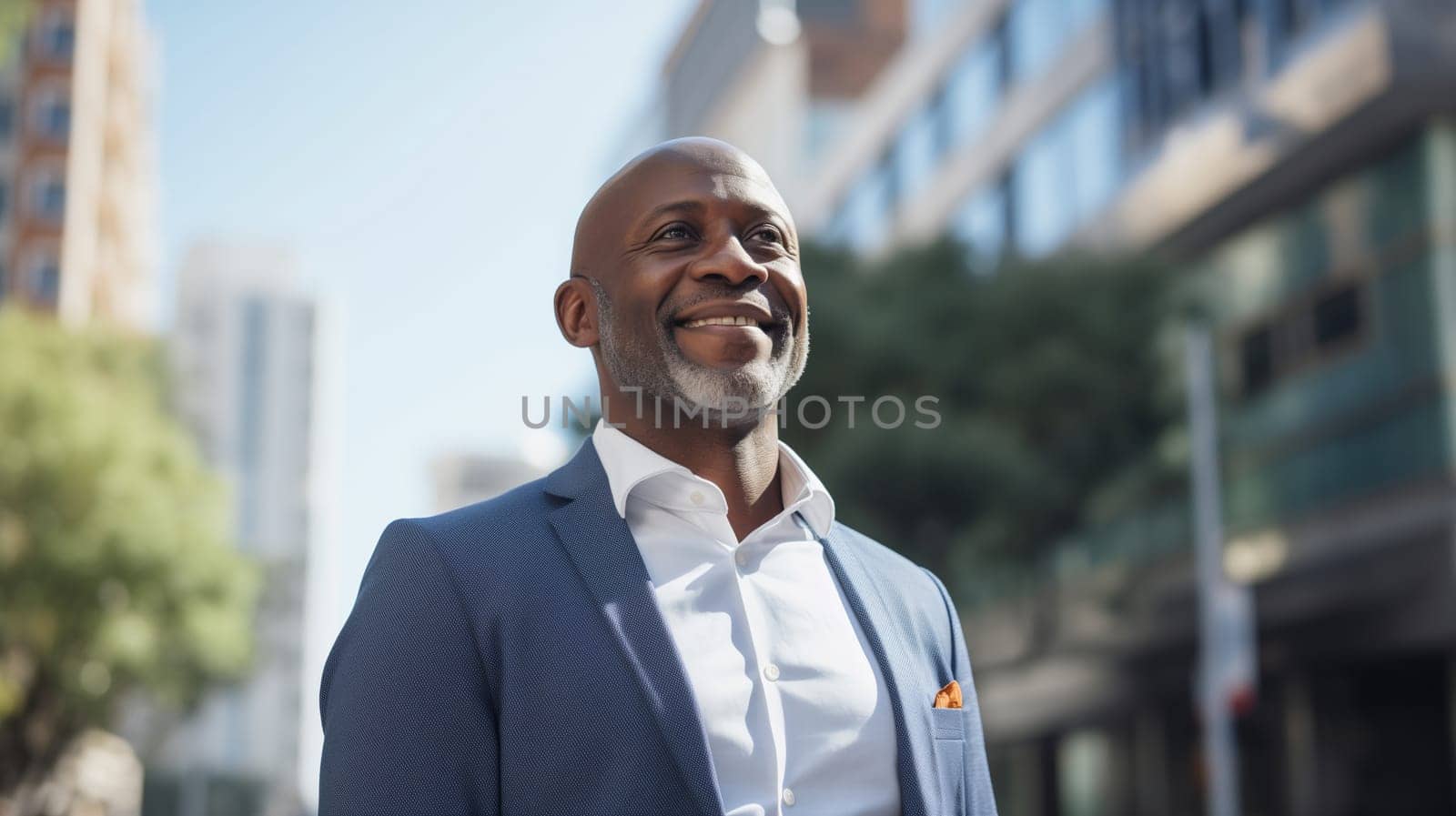 Successful happy smiling mature African businessman standing in the city, black american entrepreneur man wearing business suit, looking away
