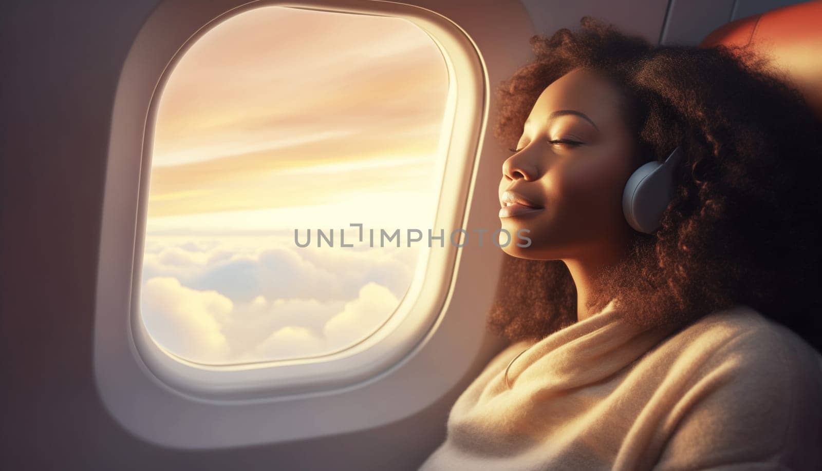 Happy young African woman passenger listening to music with headphones sits in a seat on an airplane near the window during the flight