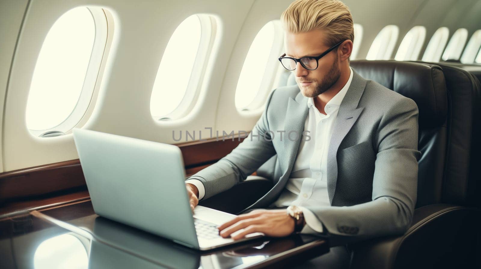 Confident young businessman passenger, man working with laptop on an airplane while sits in a seat business class cabin