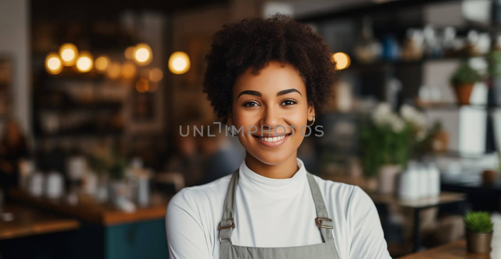 Portrait of happy smiling African woman barista, coffee house or cafe worker, young waiter working in coffee shop, looking at camera