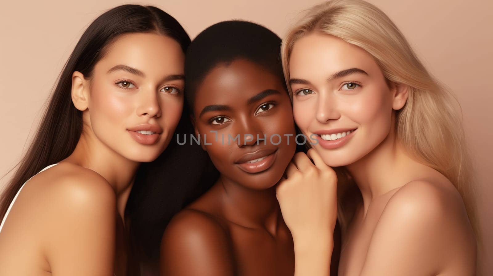 Beauty portrait of three multiethnic diverse young women with clean healthy skin, beautiful lovely female models posing together on studio background