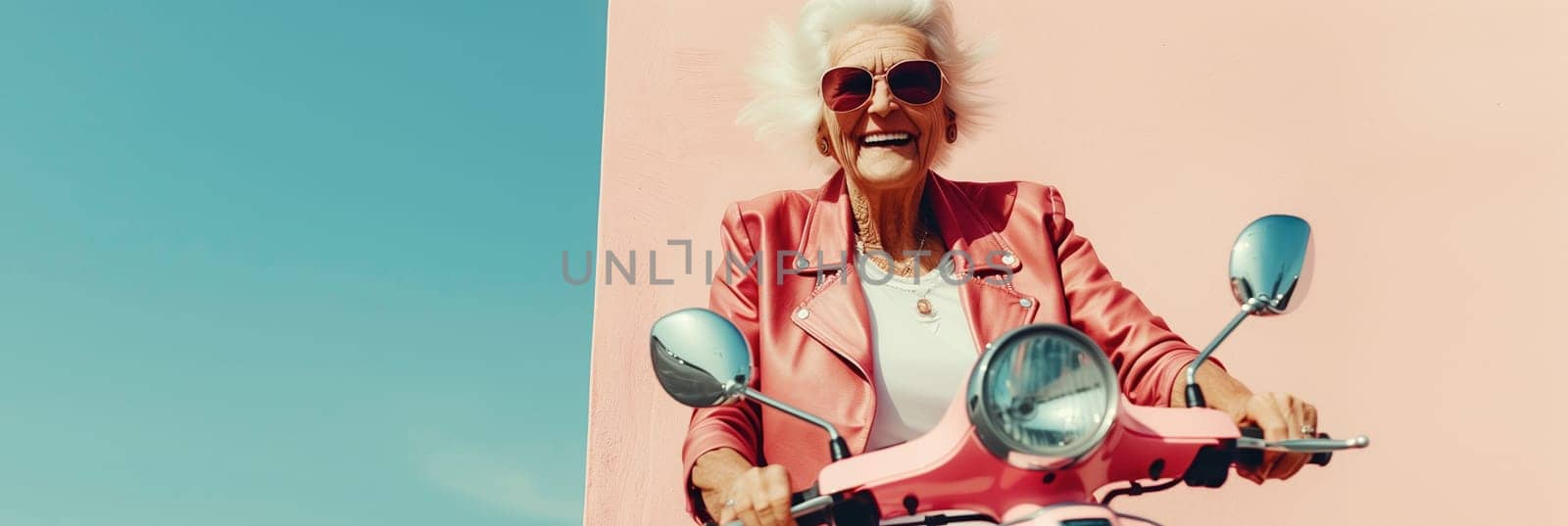Cheerful happy senior woman riding pink scooter on city street, stylish elderly female driver driving moped enjoying summer vacation, road trip