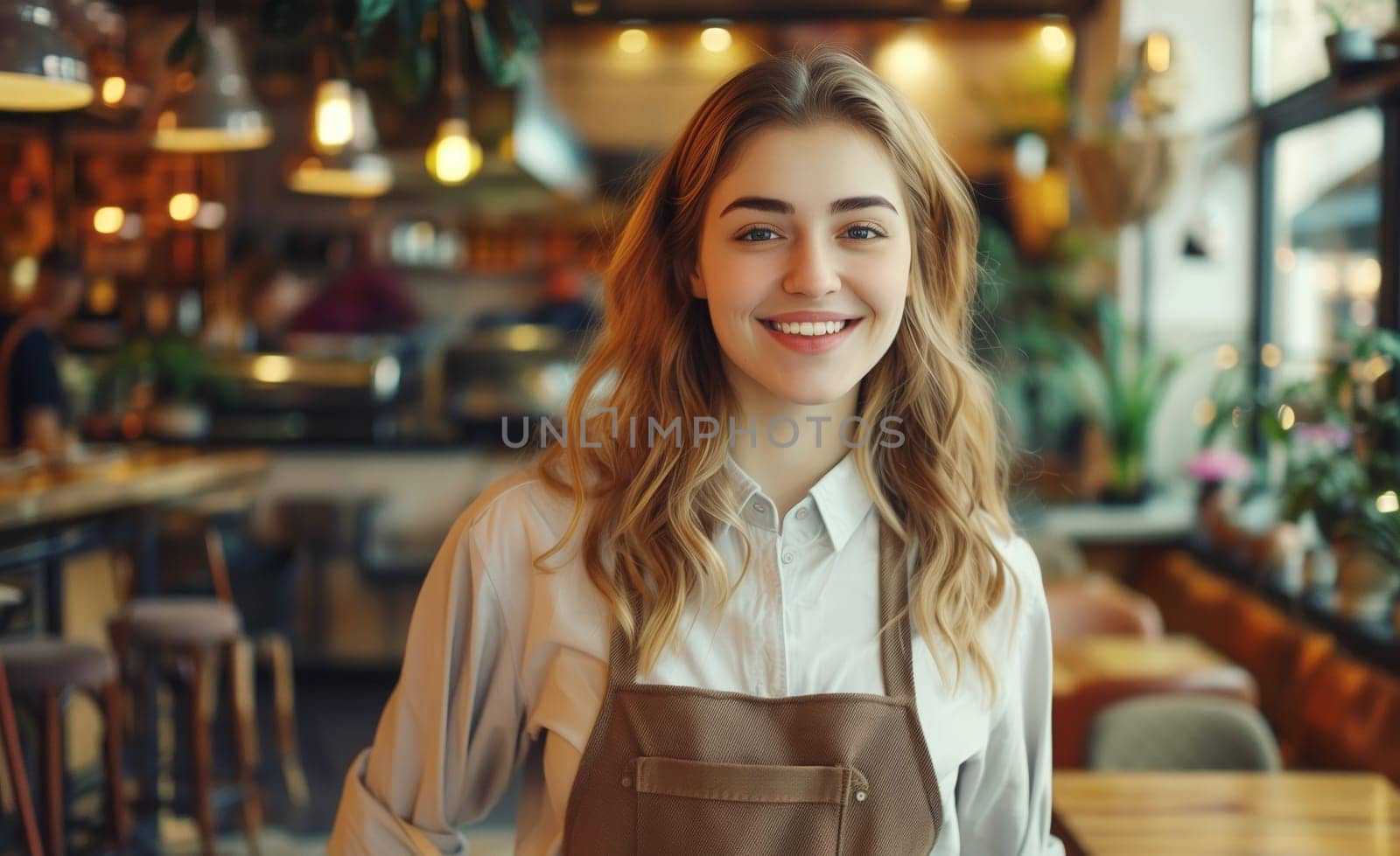 Portrait of happy smiling woman barista, coffee house or cafe worker, young waiter in apron working in coffee shop, looking at camera