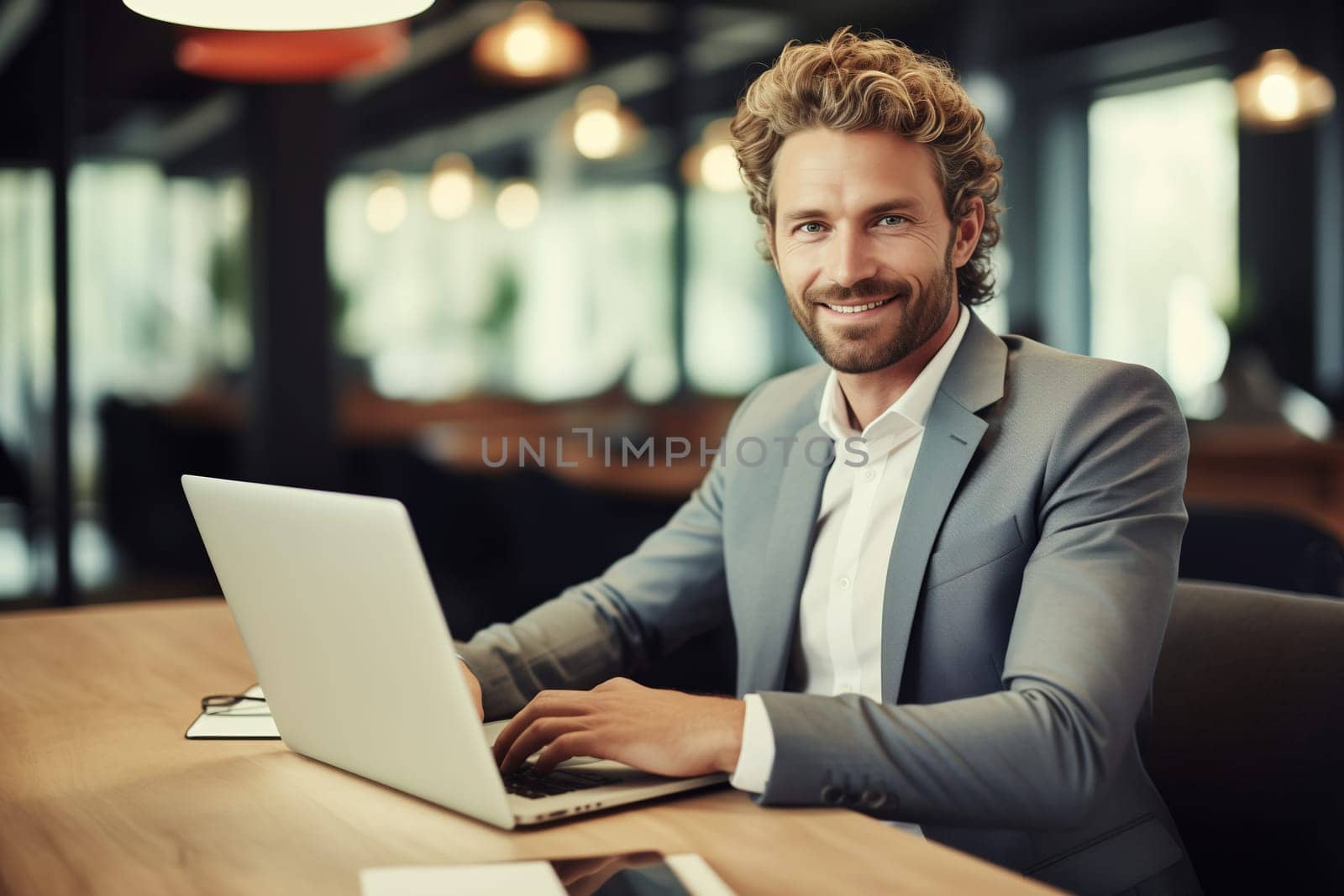 Modern successful young businessman sitting in a cafe and working on a laptop, drinks coffee, looking at camera