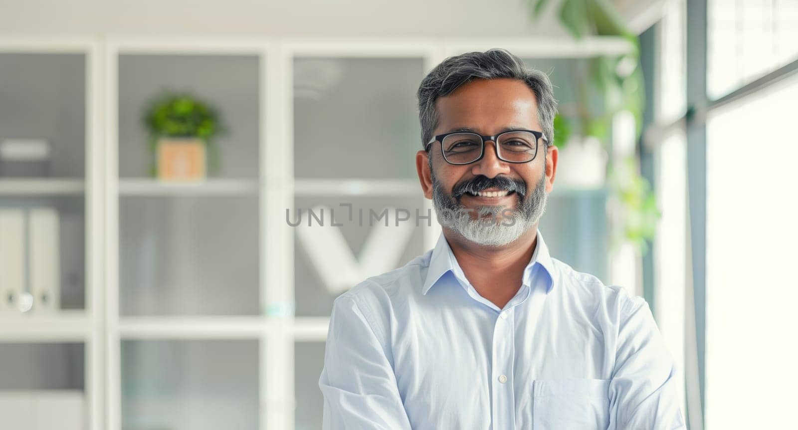 Portrait of confident happy smiling mature businessman standing in the office, man entrepreneur in shirt with glasses looking at camera