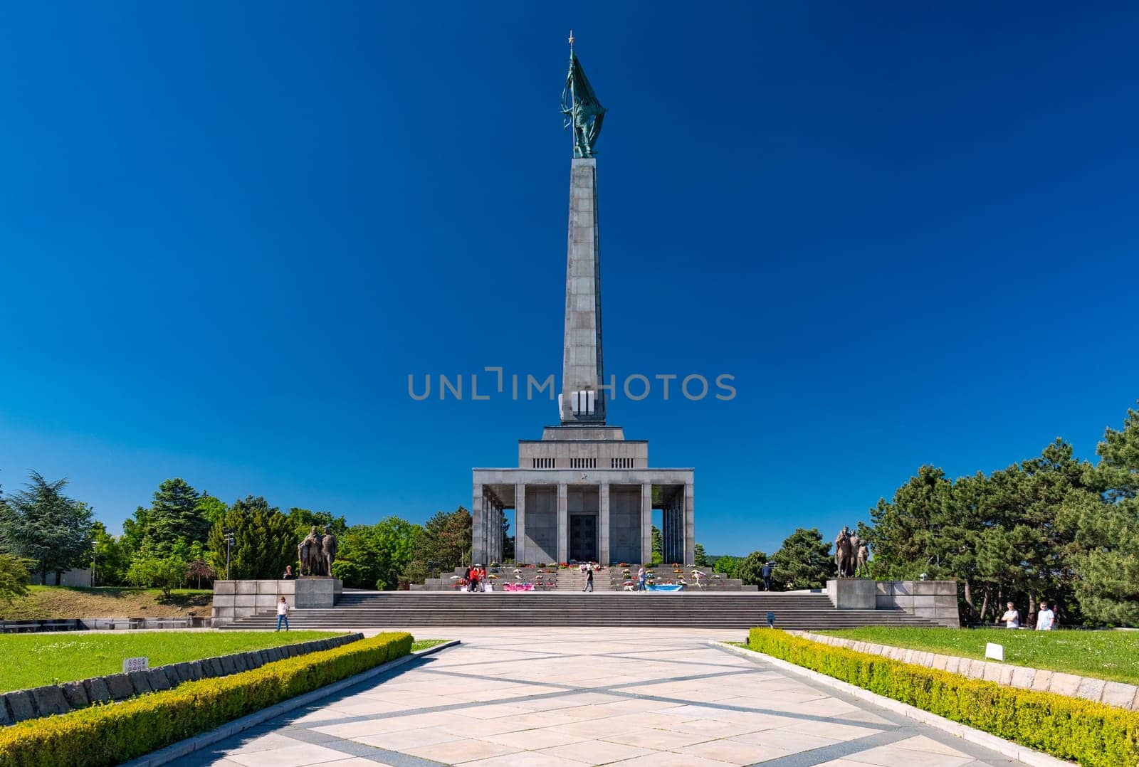 Bratislava, Slovakia - 9 May 2024: View of the Slavín memorial monument and military cemetery, famous landmark