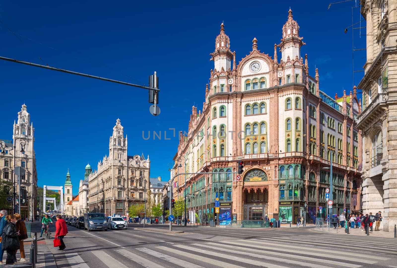 Budapest, Hungary - 5 April 2024: Parisi Udvar Hotel, The Unbound Collection by Hyatt art nouveau architecture.
