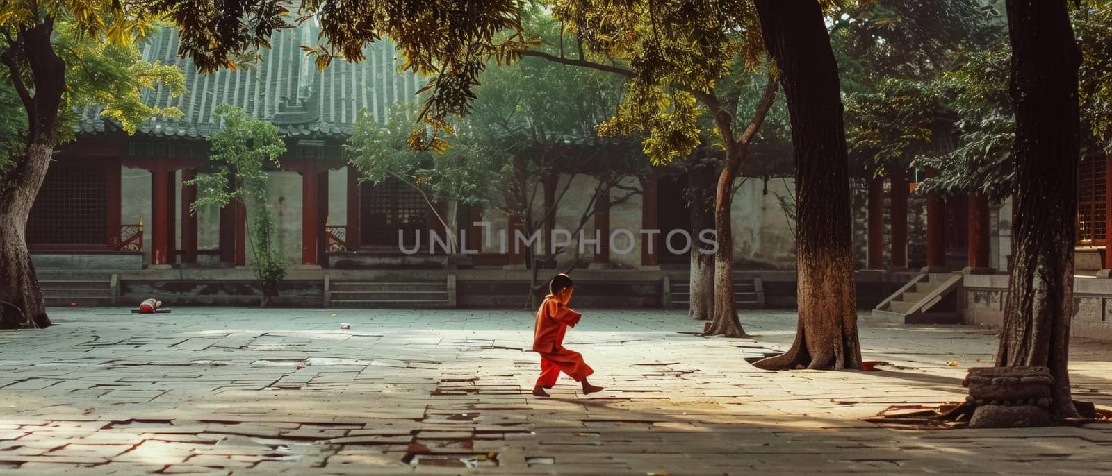 A solitary figure of a young martial artist in vibrant orange is set against the dappled shadows of a temple courtyard, evoking a sense of focused solitude