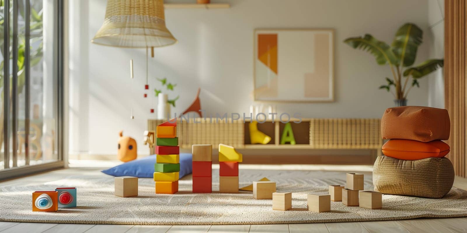 Sunlight streams into a modern playroom where a child quietly plays with wooden toys. The setting exudes calmness, with nature-inspired decor and a soothing color palette