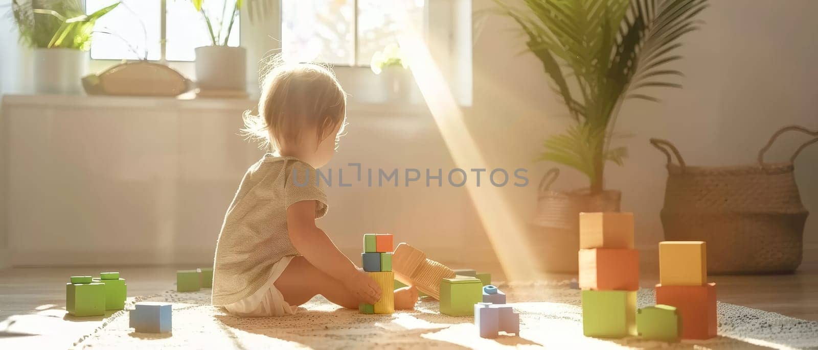 A toddler plays on the rug with colorful blocks, a sunbeam highlighting the moment. The room's plants cast a lively shadow, creating a vivid play of light and texture