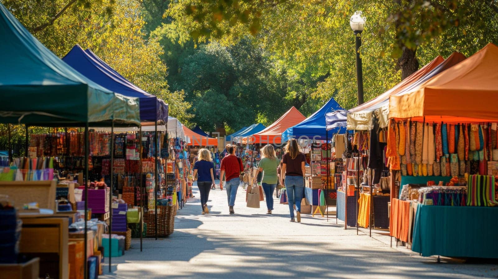 Visitors walk down a lively path in a park surrounded by vibrant market stalls featuring various goods on a sunny afternoon.