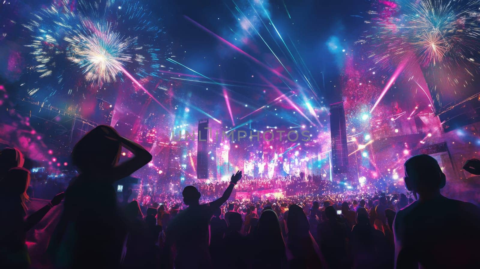A large crowd enjoys a lively music festival under colorful lights and dazzling fireworks in the night sky.