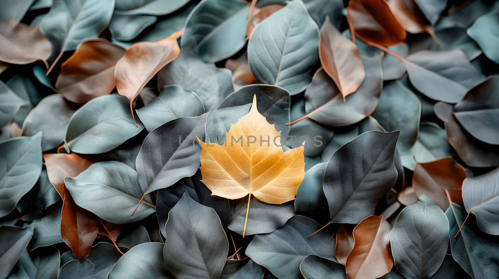 A single golden leaf sits amongst a bed of green and brown leaves, creating a striking contrast in color and texture. The image captures the beauty of autumn foliage - Generative AI