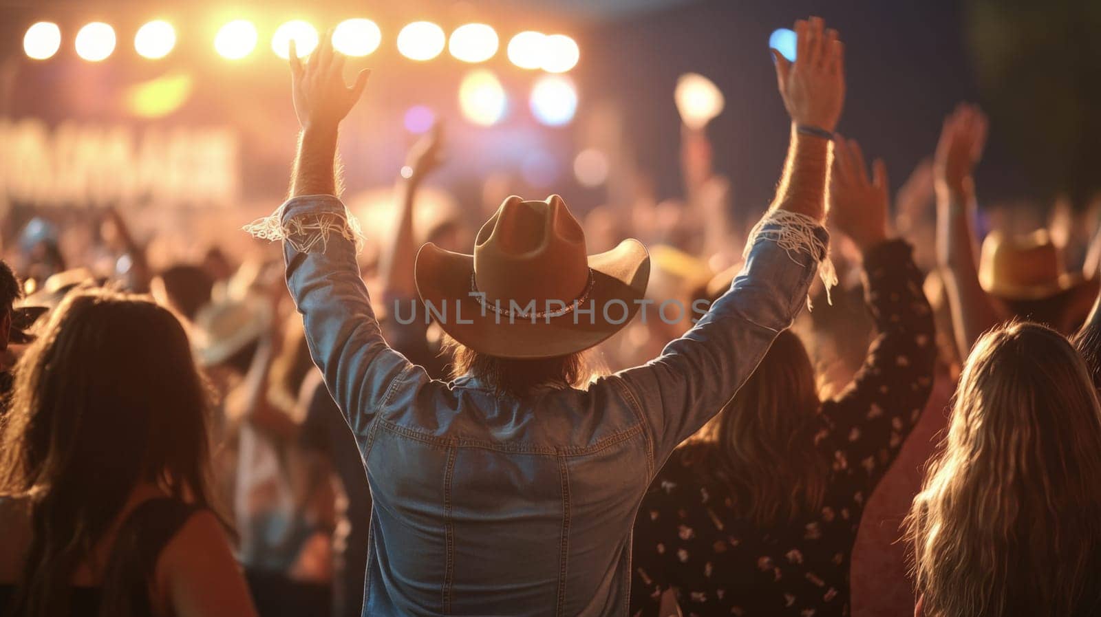A large crowd gathers at an outdoor concert under the night sky, with attendees cheering and raising their hands in excitement.