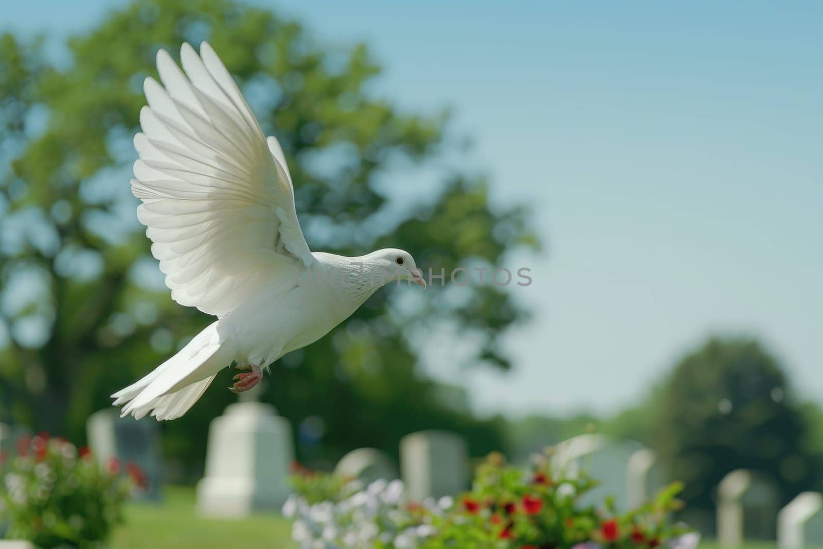 Symbol of Peace and Remembrance Soaring in Blue Sky Above Green Cemetery, Serene Dove of Hope.