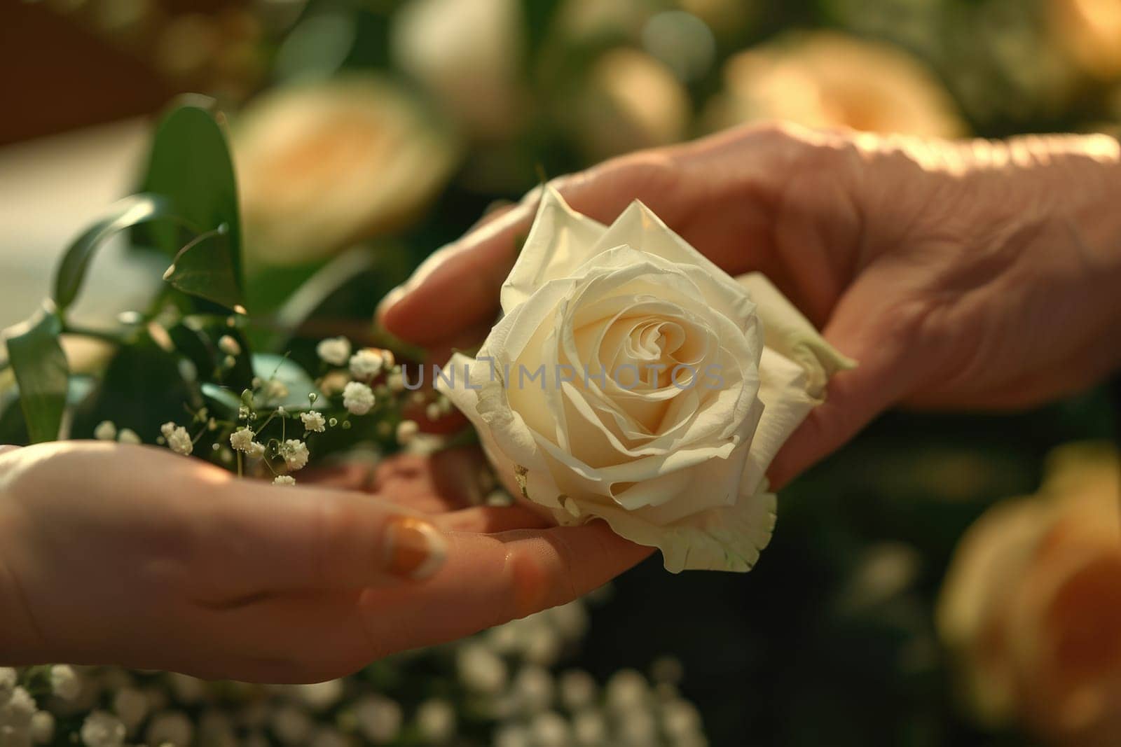 Hands Placing White Rose on Casket, Symbolizing Love, Loss, and Final Goodbye, Gentle Farewell.