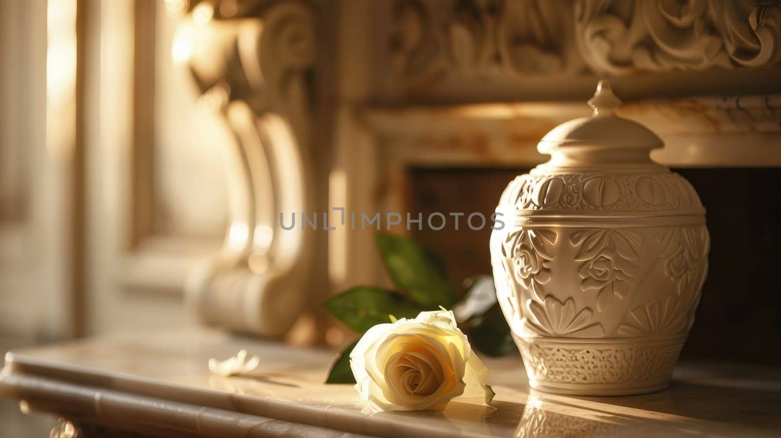 Ornate Urn on Mantelpiece with White Rose, Space for a Message on Honoring Loved One's Memory.