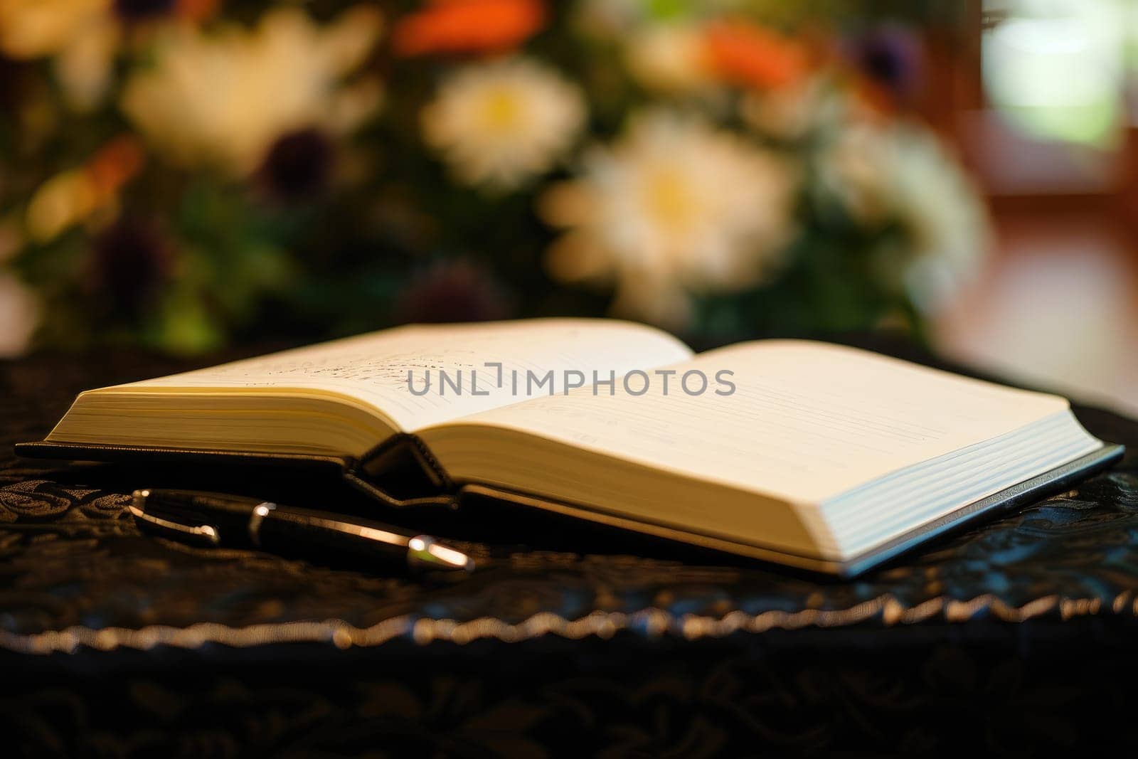 Elegant Guestbook for Condolences with Pen on Black Tablecloth at Funeral Service.
