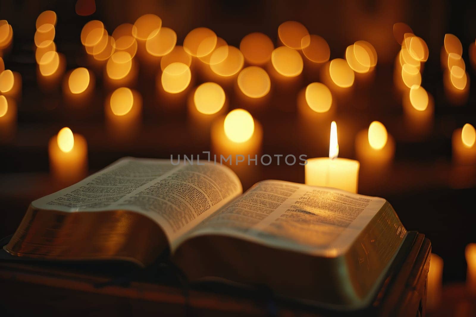 Open Bible on Podium with Candlelight, Providing Comfort in Times of Mourning, Illuminated Hope.