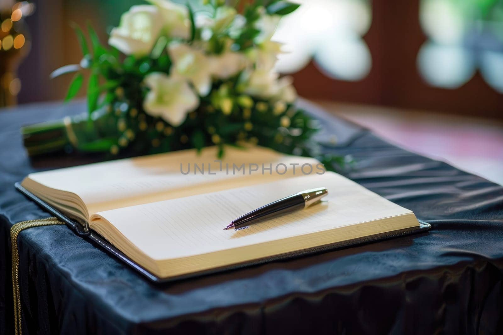 Elegant Guestbook for Condolences with Pen on Black Tablecloth at Funeral Service.