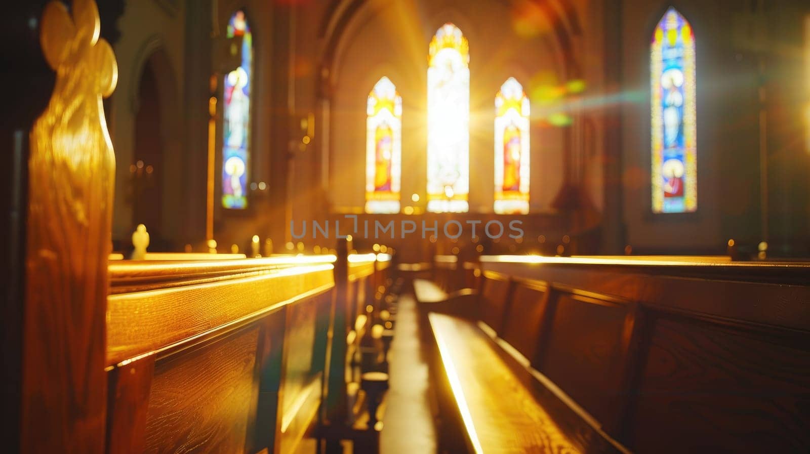 Serene Church Interior with Empty Wooden Pews for Funeral Services Advertisement.