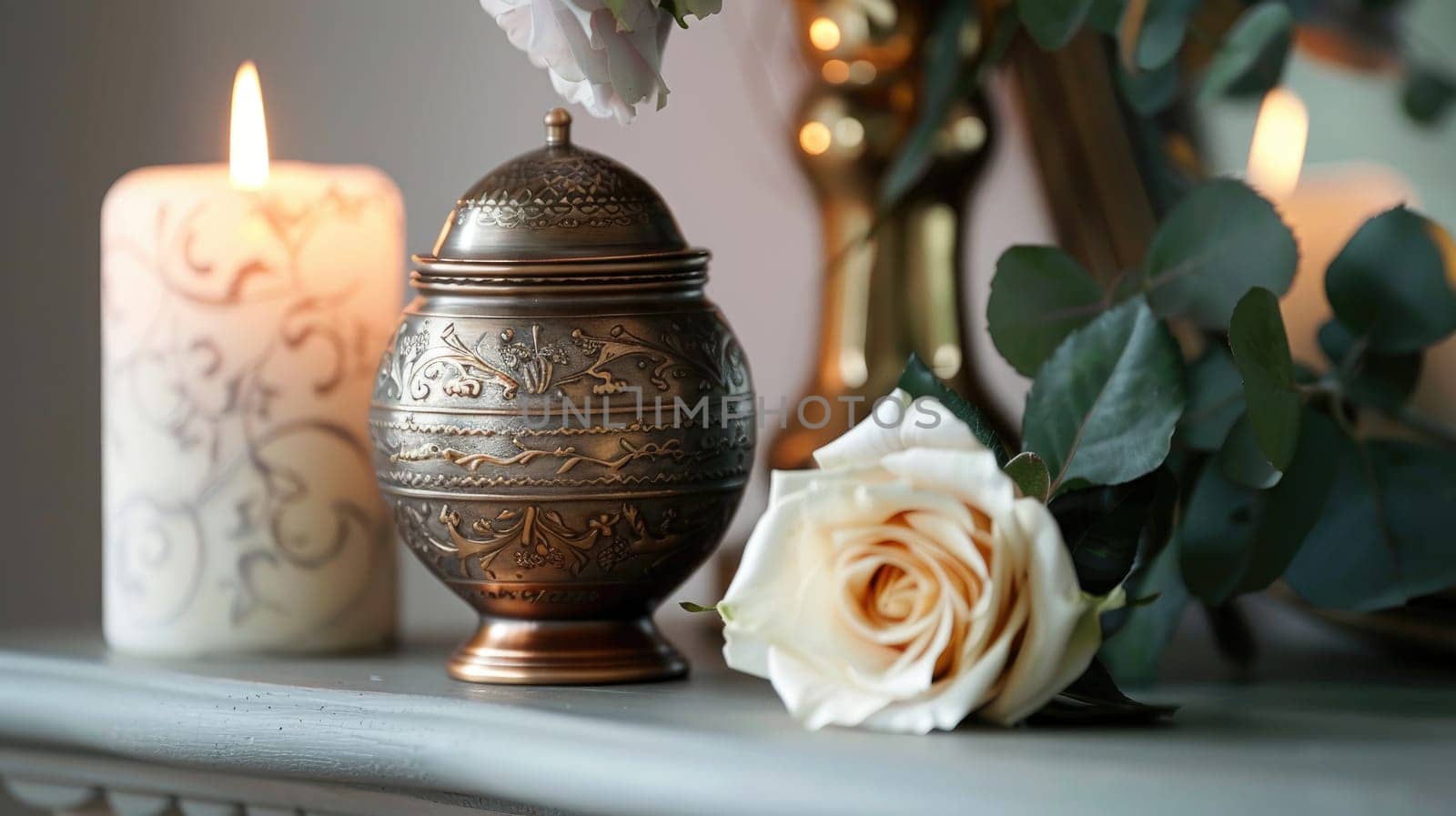 Ornate Urn on Mantelpiece with White Rose, Space for a Message on Honoring Loved One's Memory.