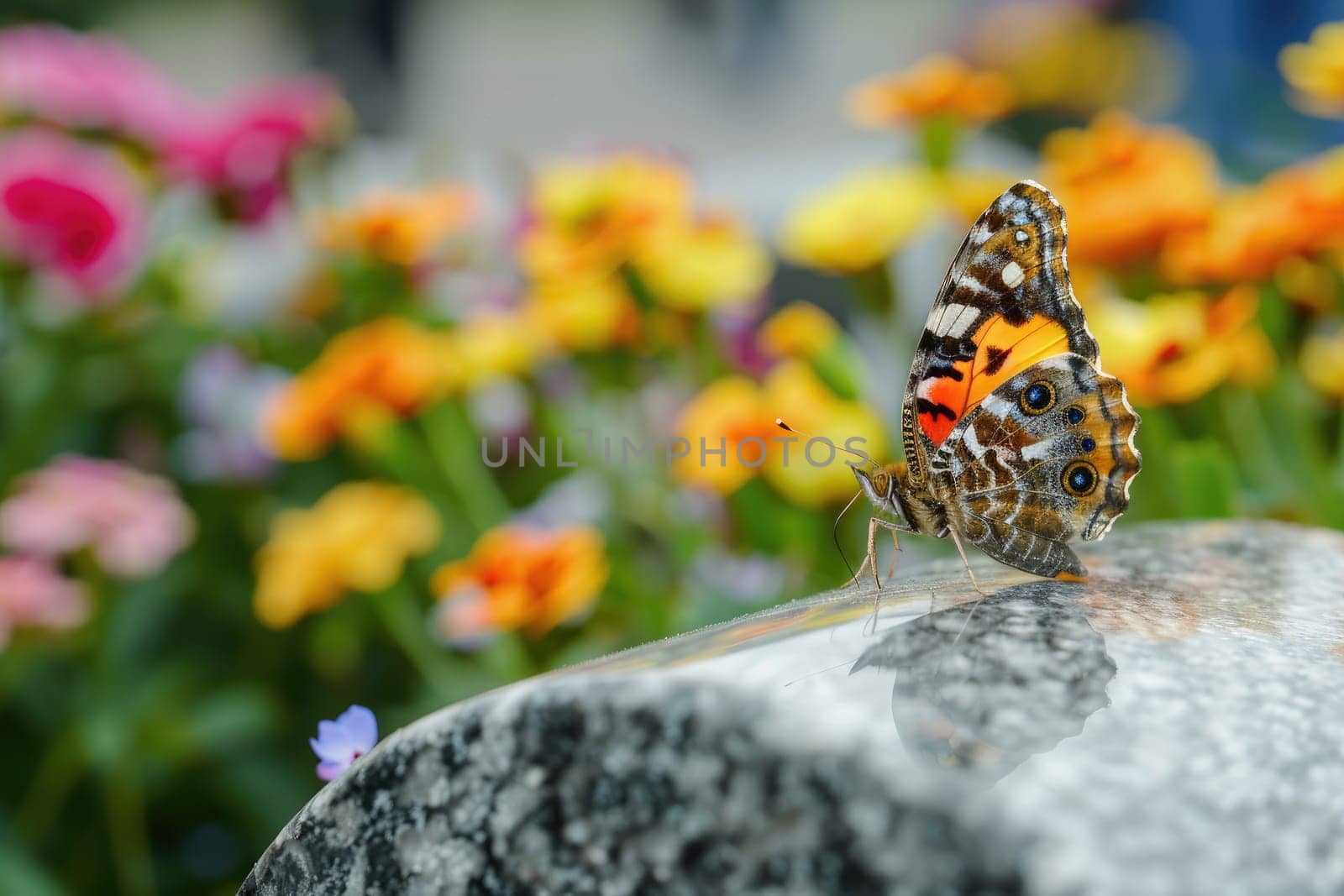Butterfly on Headstone with Fresh Flowers Symbolizing Hope and Endurance, Tranquil Transformation.