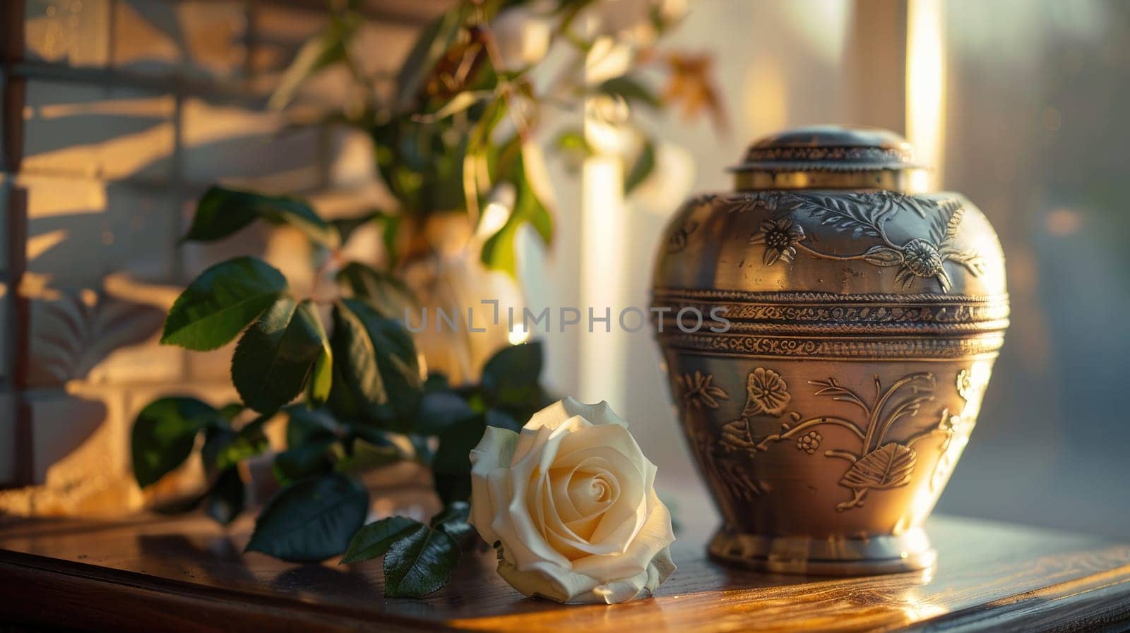 Ornate Urn on Mantelpiece with White Rose, Space for a Message on Honoring Loved One's Memory.