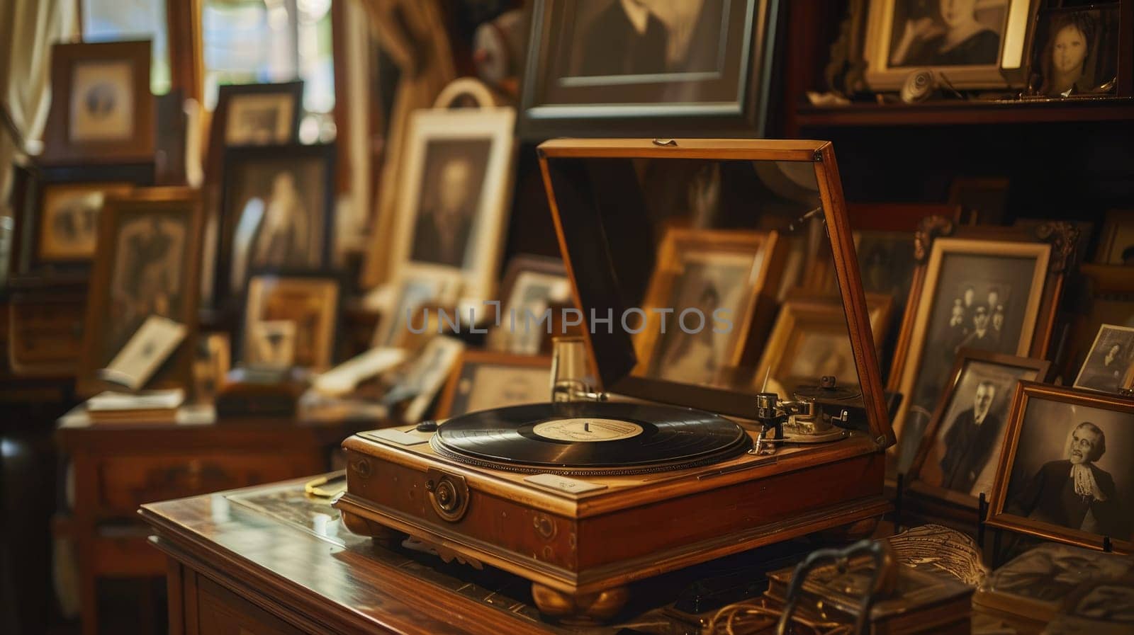 Nostalgic Vibes of a Well-Lived Past - Vintage Gramophone with Vinyl Record and Mementos on Table.