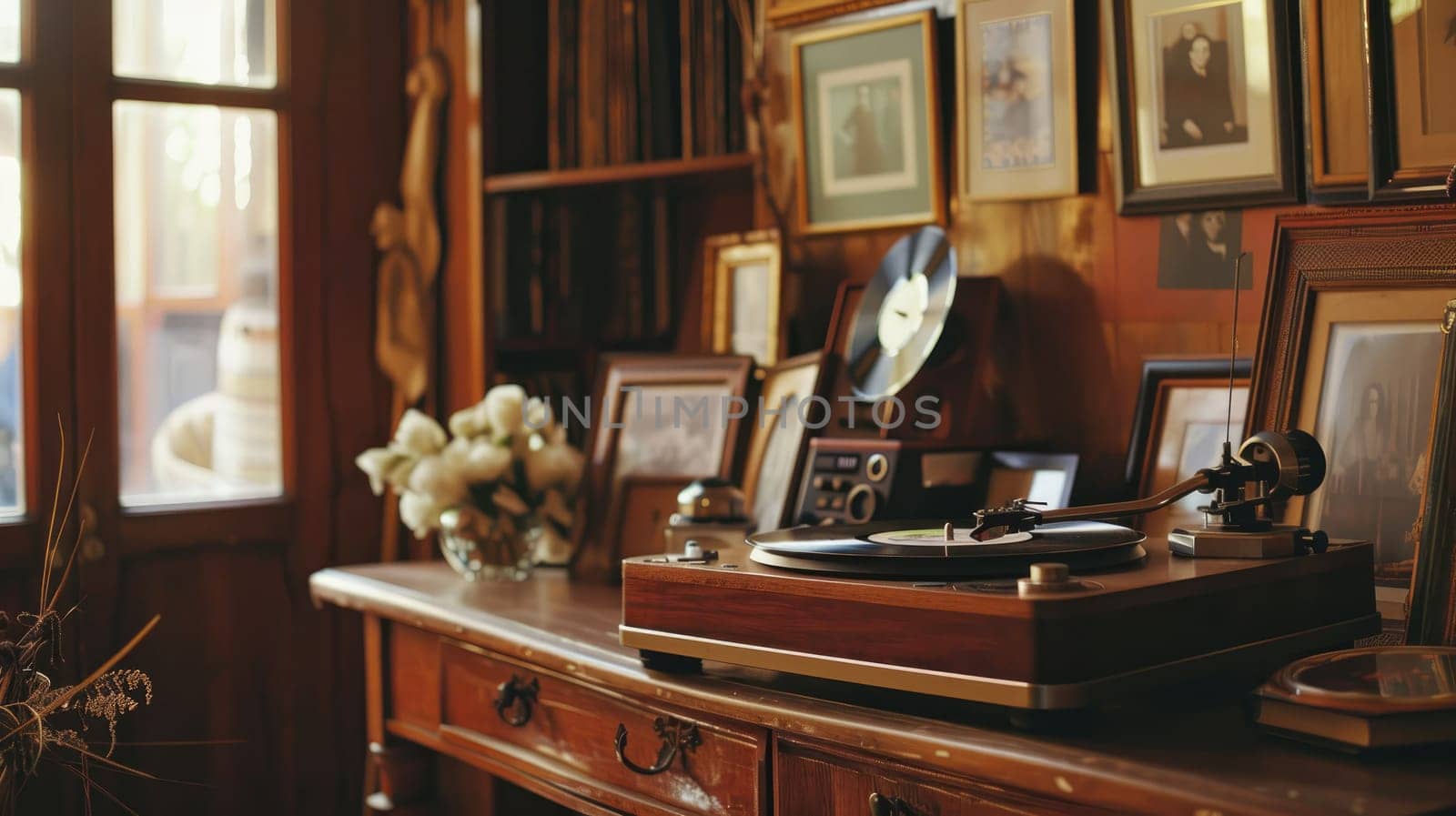 Nostalgic Vibes of a Well-Lived Past - Vintage Gramophone with Vinyl Record and Mementos on Table.