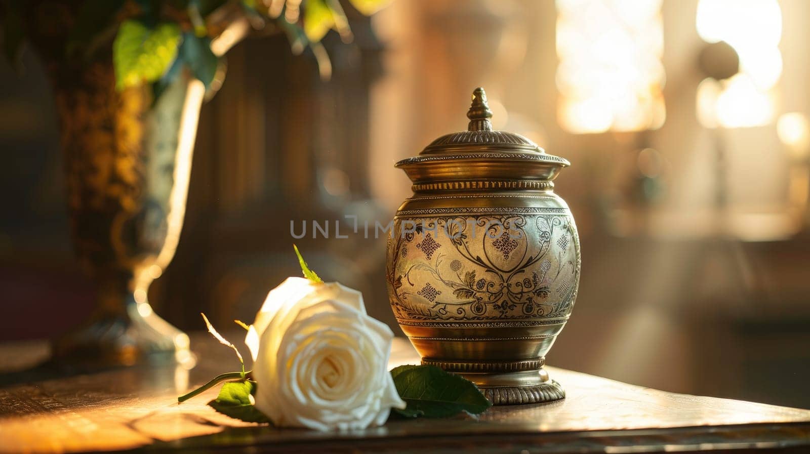 Ornate Urn on Mantelpiece with White Rose, Space for a Message on Honoring Loved One's Memory.