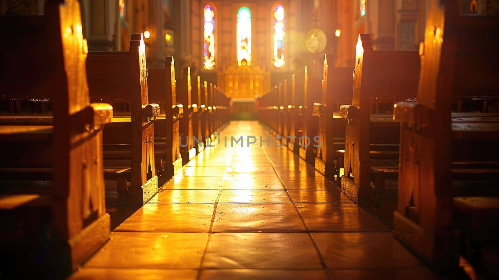Serene Church Interior with Empty Wooden Pews for Funeral Services Advertisement.