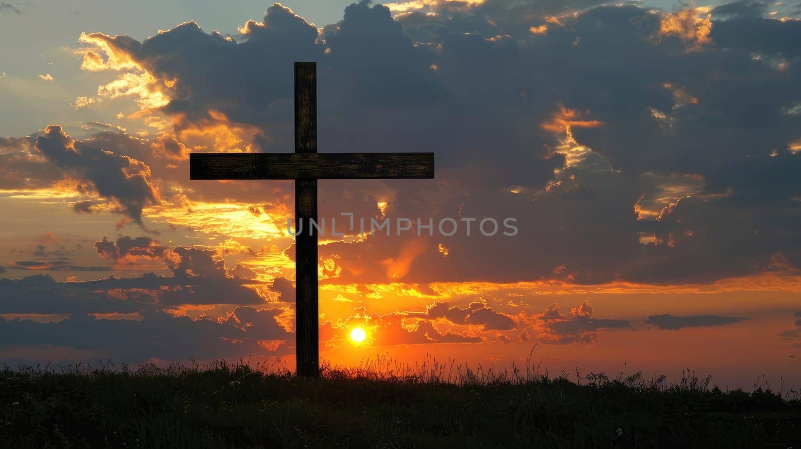 Wooden Cross Symbolizing Faith and Hope in the Glow of Sunset, Divine Silhouette.