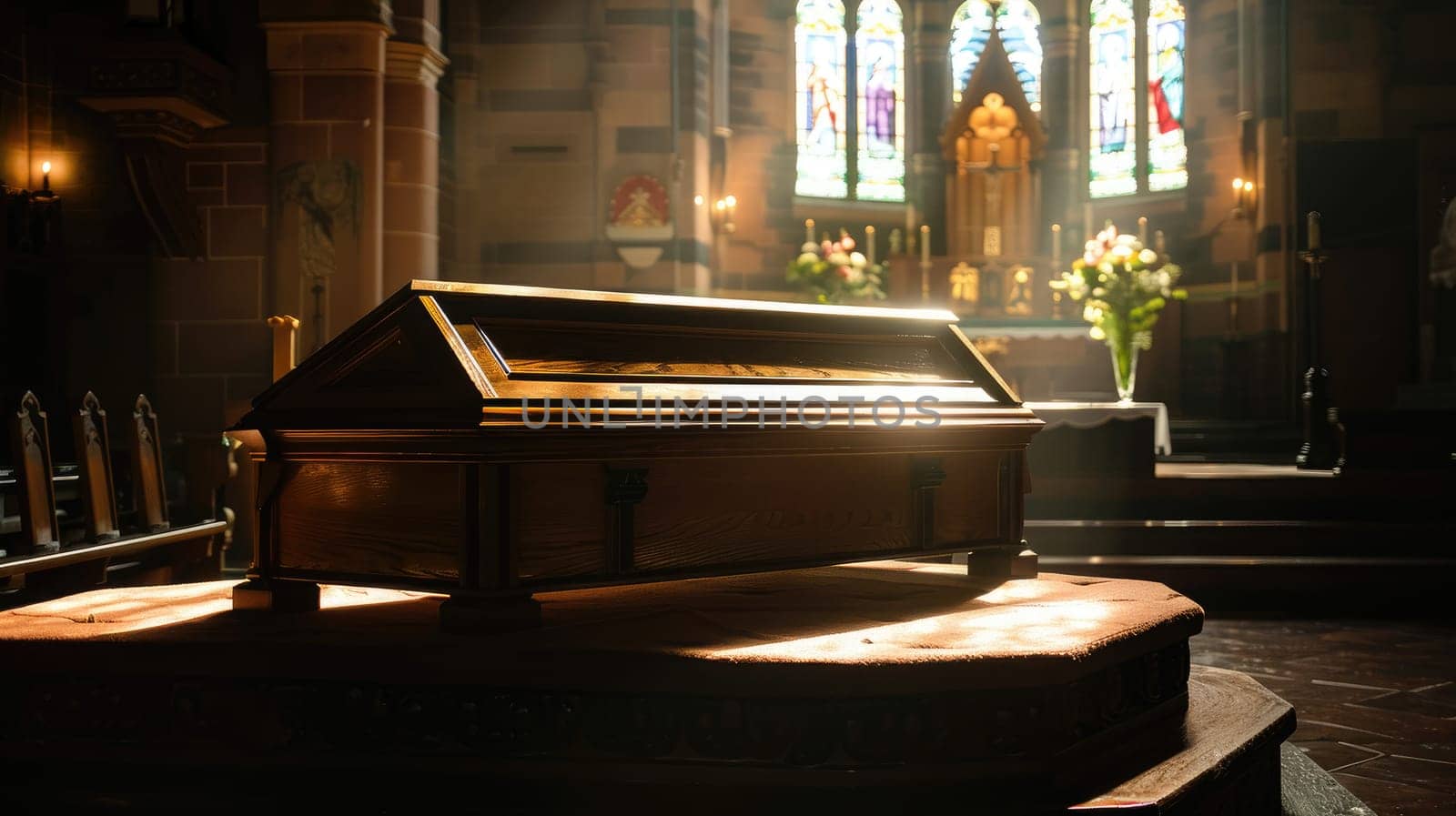 Tranquil Funeral Setting with Wooden Casket in Empty Church - Copy Space for Messages on Funeral Arrangements.