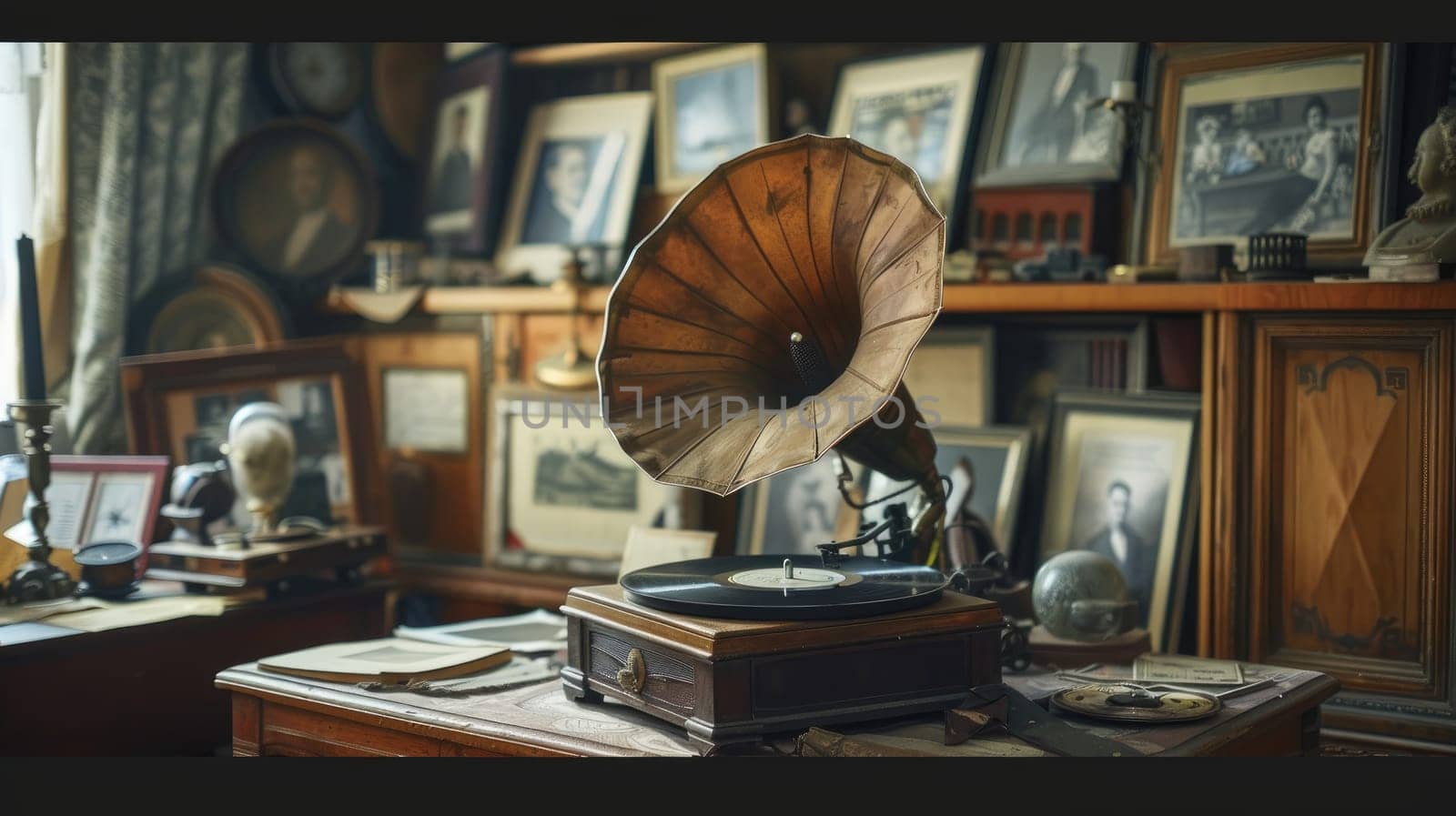 Nostalgic Vibes of a Well-Lived Past - Vintage Gramophone with Vinyl Record and Mementos on Table.