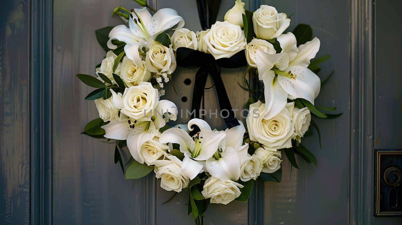 Heart-shaped Wreath of White Lilies and Roses on Chapel Door with Black Ribbon, Eternal Love and Memory.