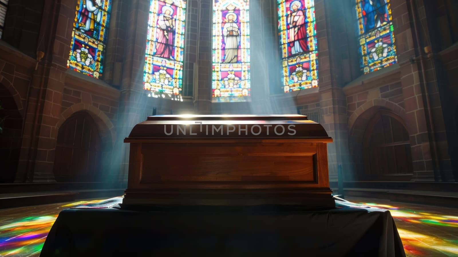 Tranquil Funeral Setting with Wooden Casket in Empty Church - Copy Space for Messages on Funeral Arrangements.