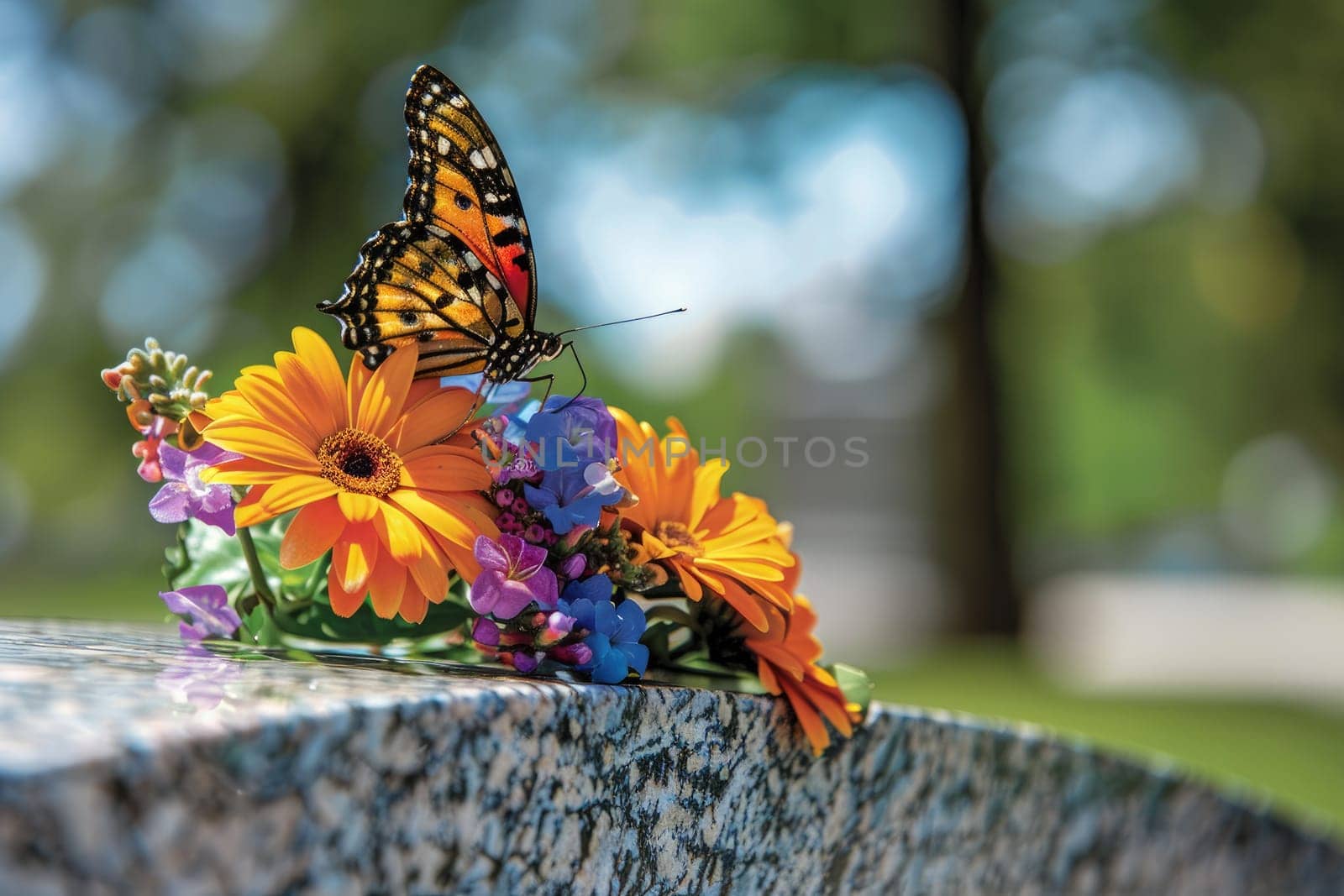 Butterfly on Headstone with Fresh Flowers Symbolizing Hope and Endurance, Tranquil Transformation.