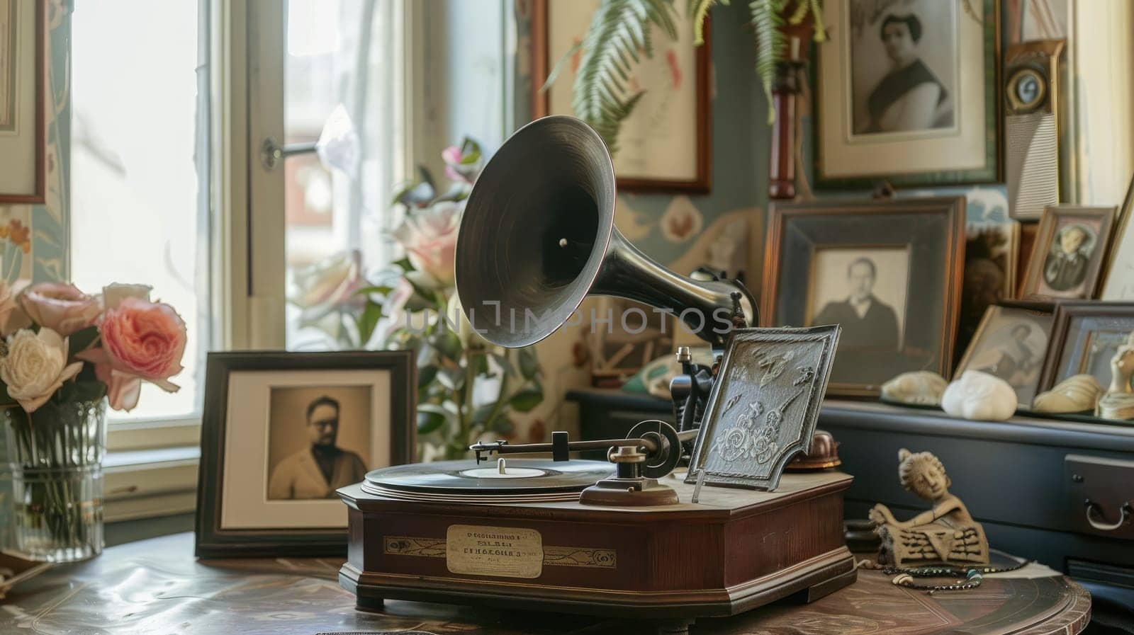 Nostalgic Vibes of a Well-Lived Past - Vintage Gramophone with Vinyl Record and Mementos on Table.