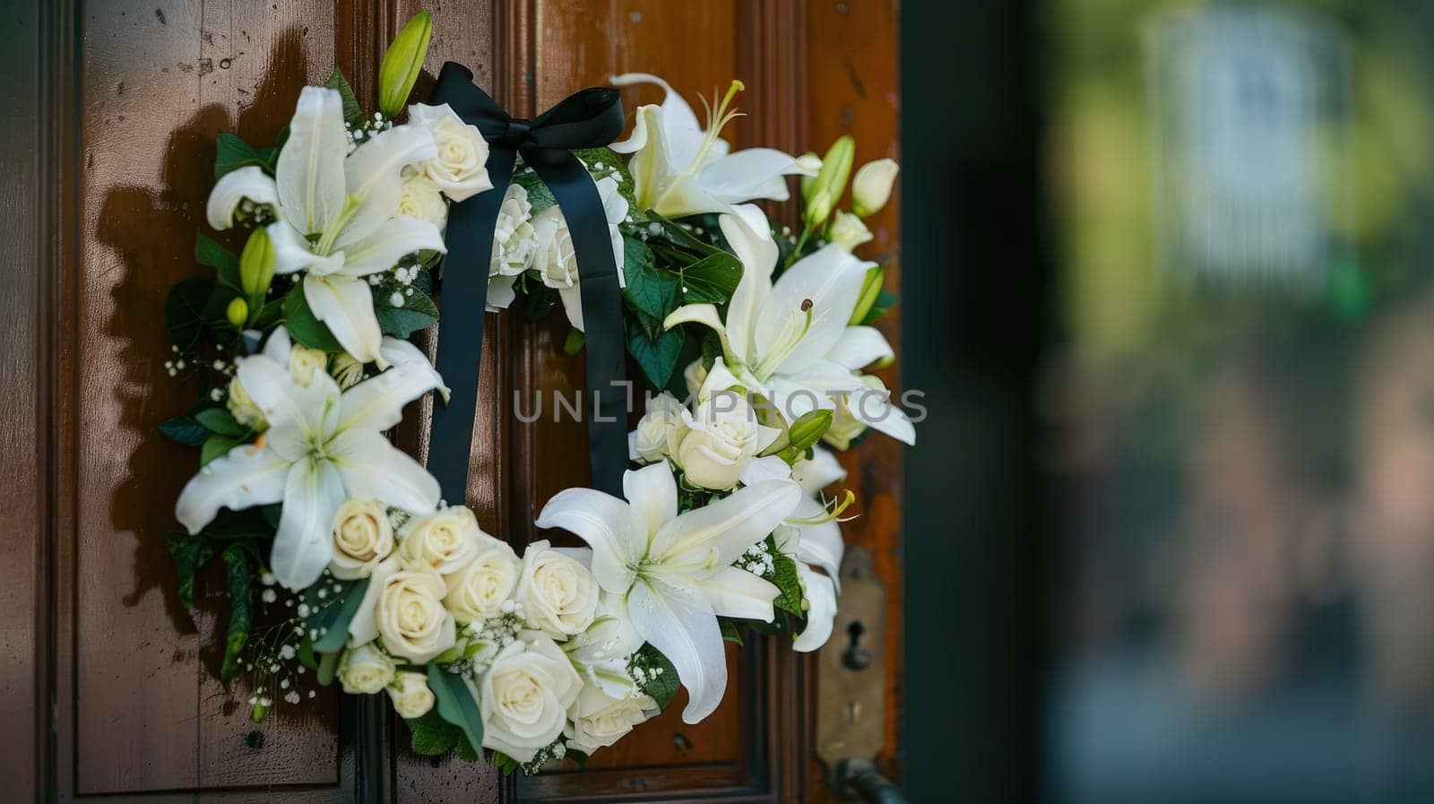 Heart-shaped Wreath of White Lilies and Roses on Chapel Door with Black Ribbon, Eternal Love and Memory.