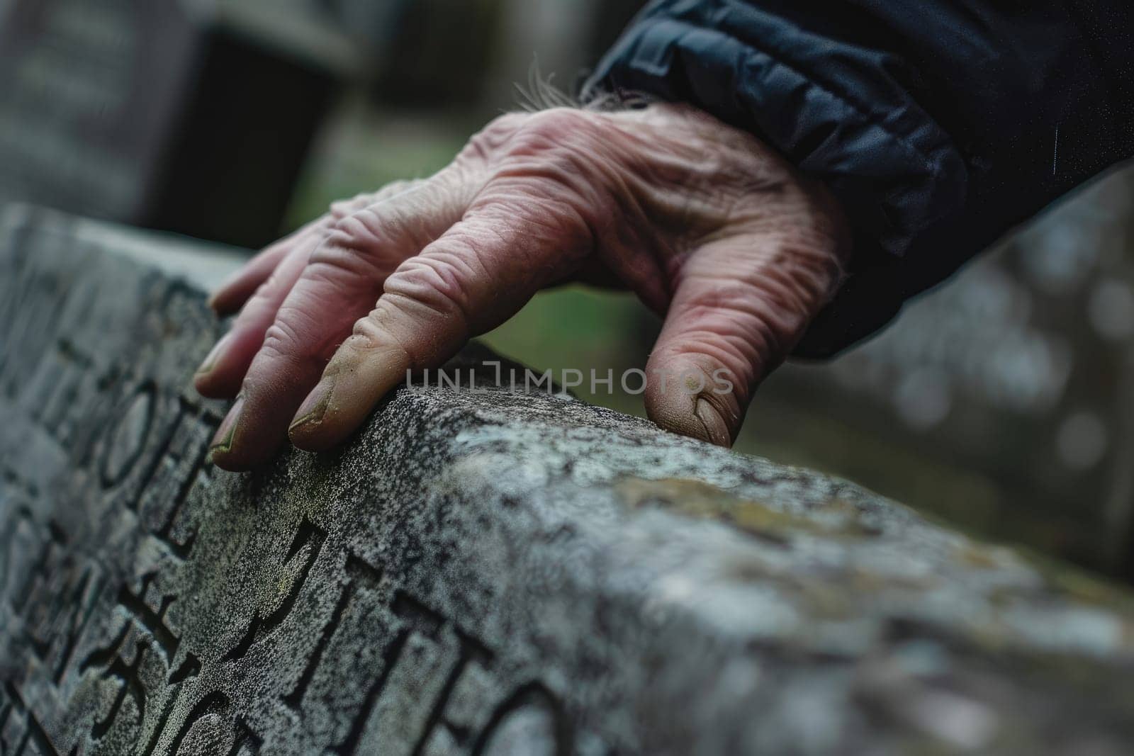 Hand Touching Engraved Headstone, Symbol of Time and Remembrance, Contemplating Memories.