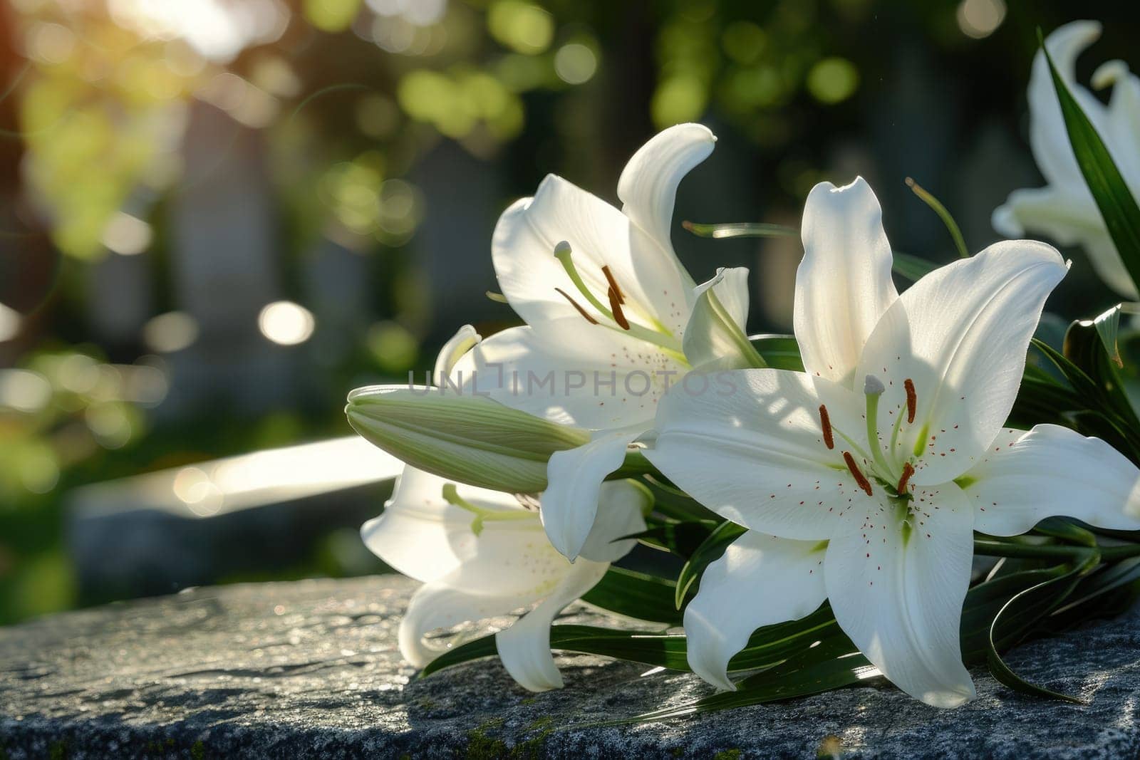 White Lilies on Polished Tombstone with Copy Space for Compassionate Message, Serene Remembrance.