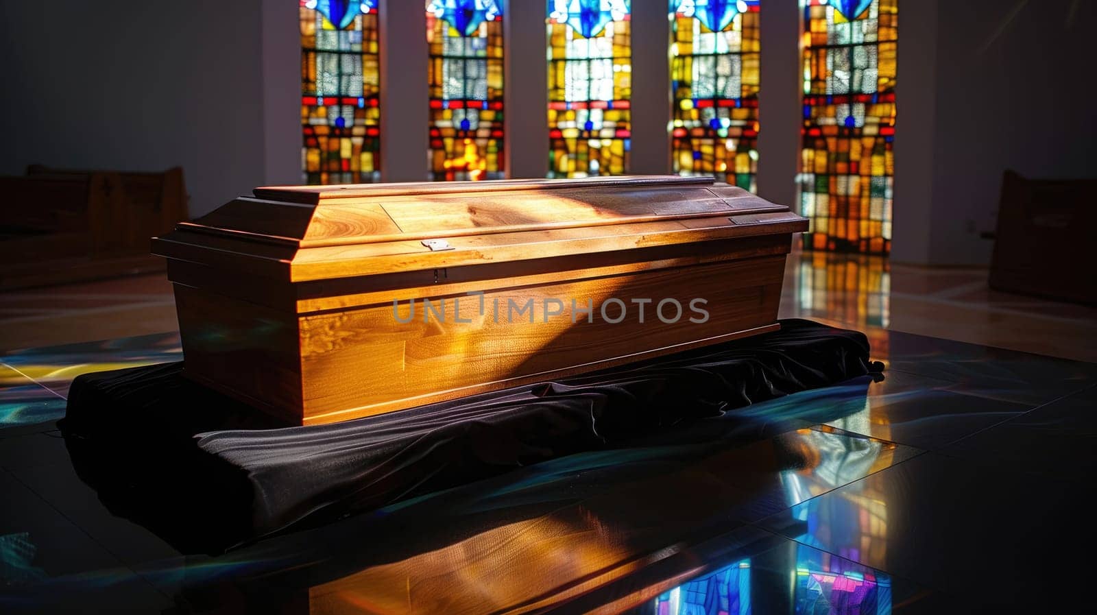 Tranquil Funeral Setting with Wooden Casket in Empty Church - Copy Space for Messages on Funeral Arrangements.