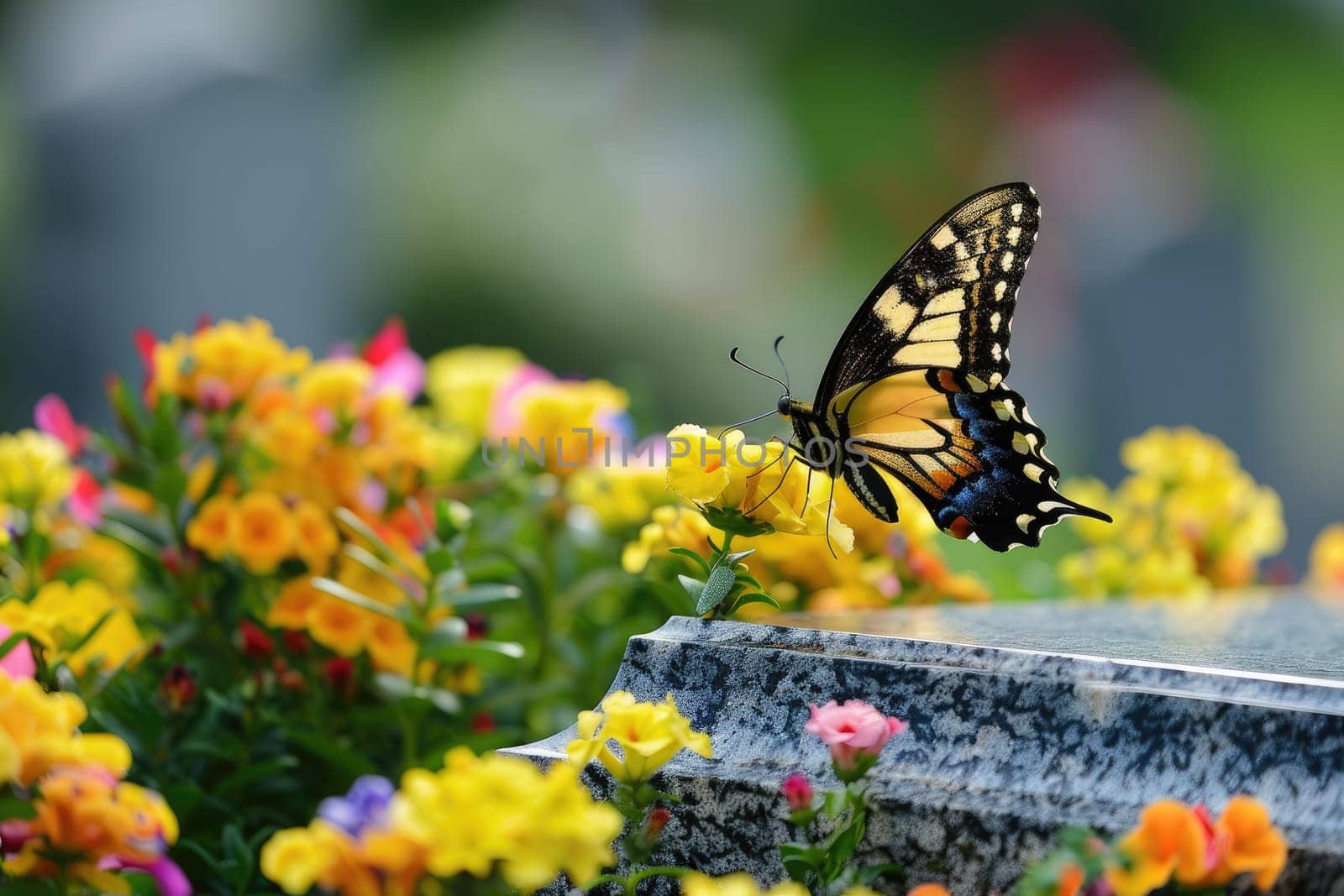 Butterfly on Headstone with Fresh Flowers Symbolizing Hope and Endurance, Tranquil Transformation.