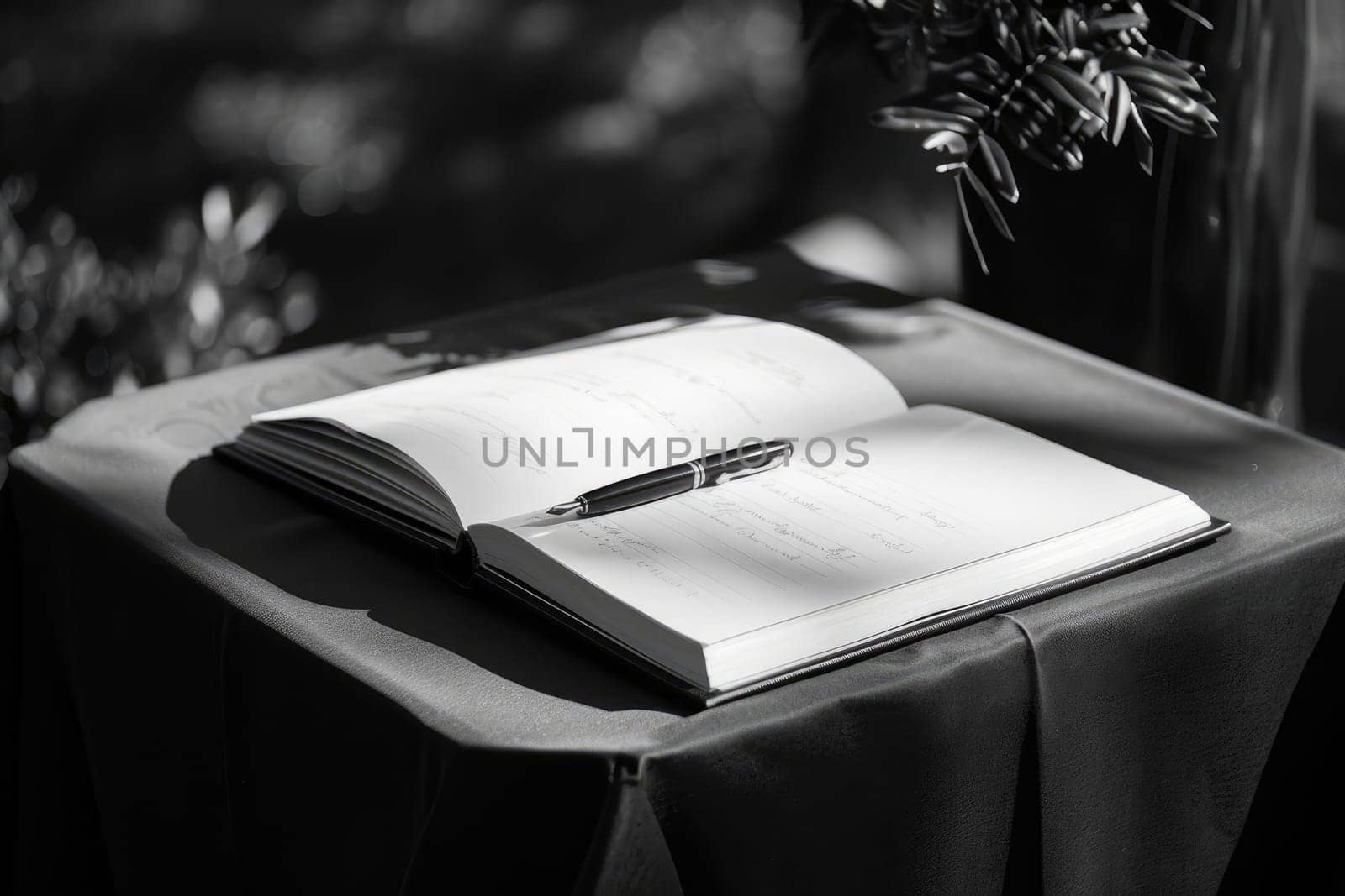 Elegant Guestbook for Condolences with Pen on Black Tablecloth at Funeral Service.